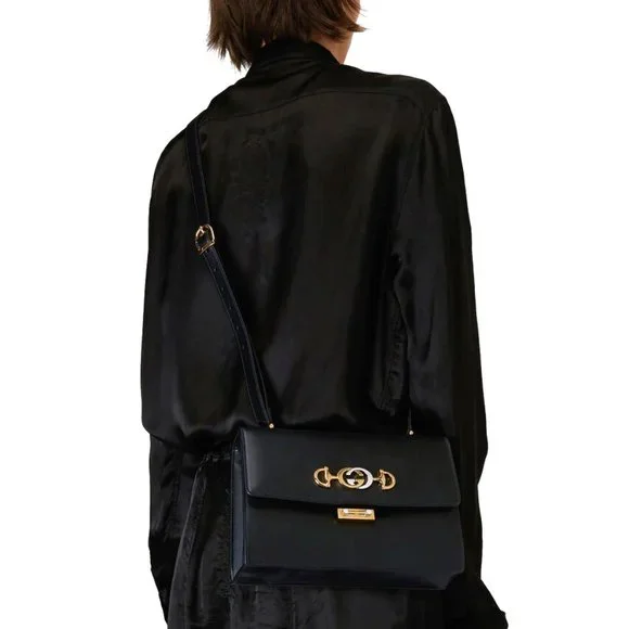 NEW GUCCI Zumi Interlocking G Horsebit Black Grain Leather Small Crossbody Bag - Picture 9 of 15